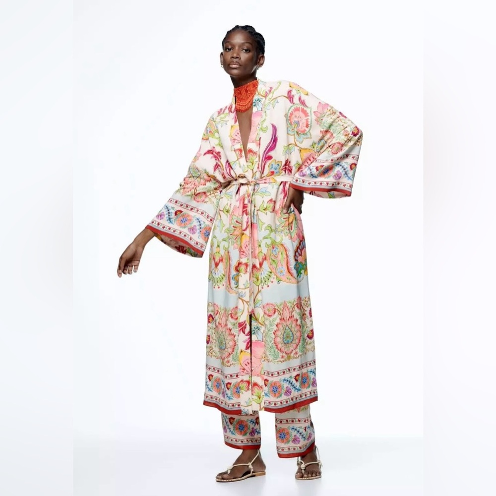 Zara Floral Printed Multicolor Long Belted Pink Pastel Kimono
